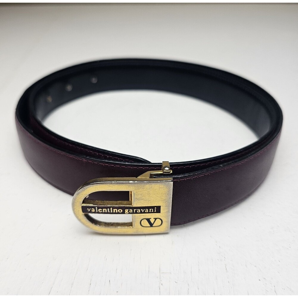 Vintage Valentino Garavani Burgundy/Black reversible Solid Belt Gold-Tone Buckle